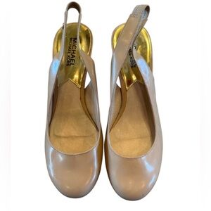 Michael Kors Nude Beige Leather Slingback Round Toe Kitten Heel Shoes Sz 7.5
